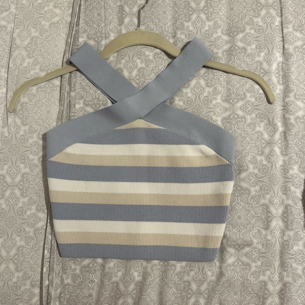 Aritzia Babaton sculpt knit criss cross crop tank top white beige stripe S